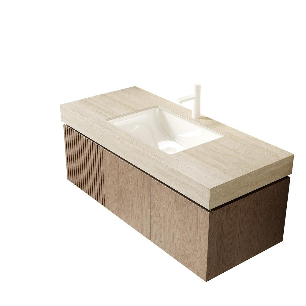 48" Brown Wood Floating Double Door Bathroom Vanity With White Sink