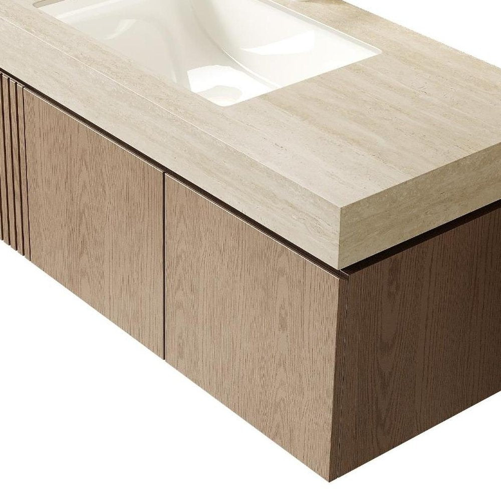 48" Brown Wood Floating Double Door Bathroom Vanity With White Sink