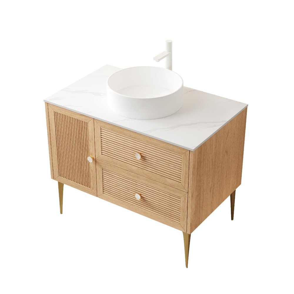 36" Brown Wood Floating Single Door Bathroom Vanity And Two Drawers