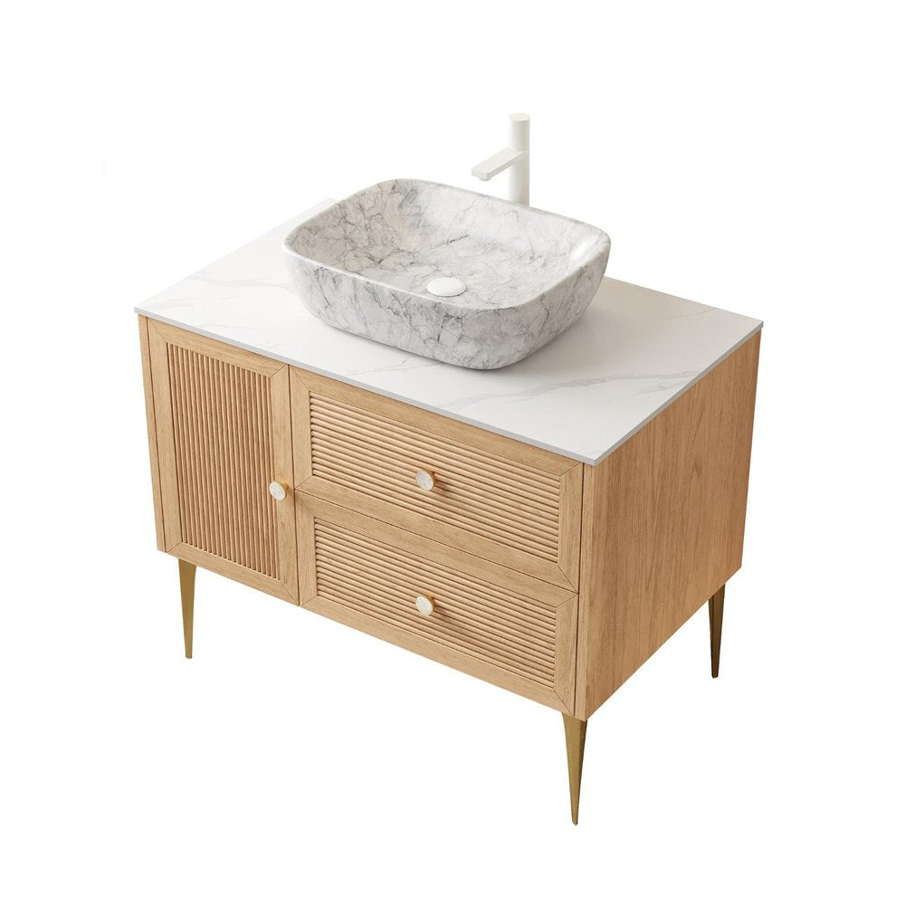 36" Brown Wood Floating Single Door Bathroom Vanity And Two Drawers