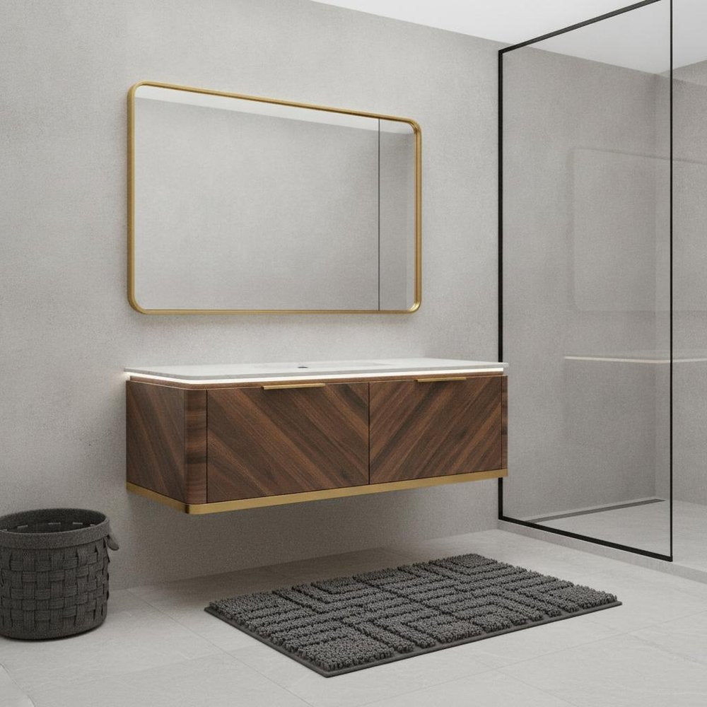 48" Brown Wood Floating Bathroom Vanity And Two Drawers