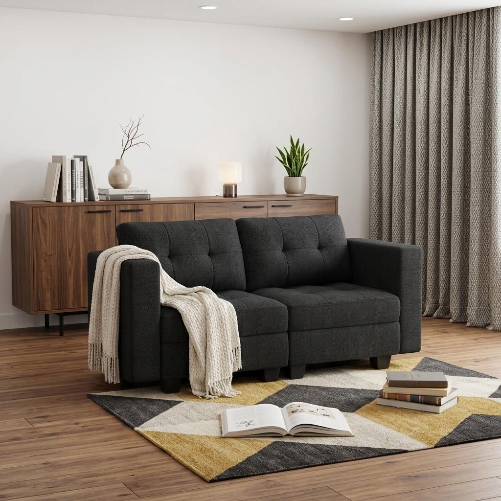 64" Dark Gray And Black Linen Blend Modular Loveseat With Storage