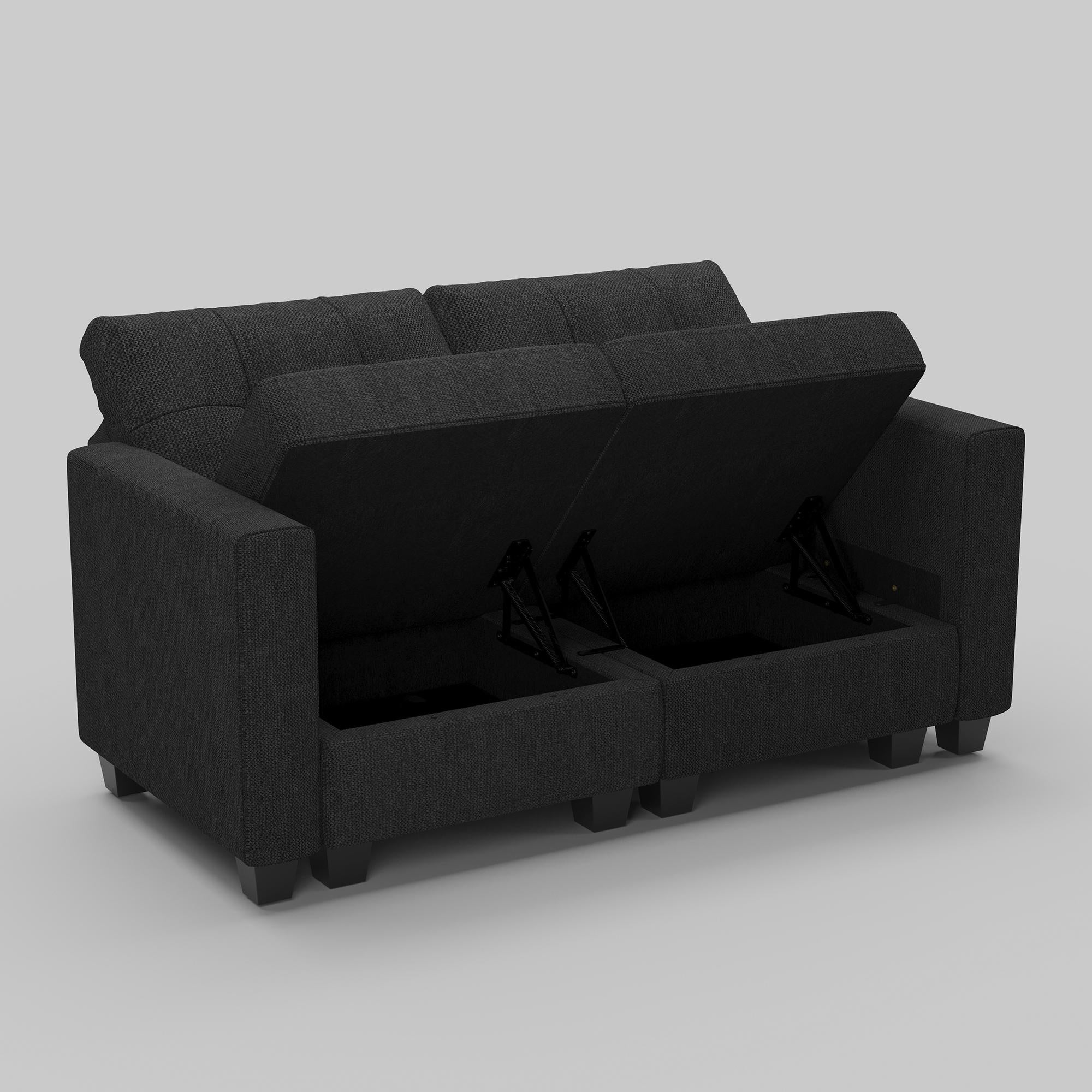 64" Dark Gray And Black Linen Blend Modular Loveseat With Storage
