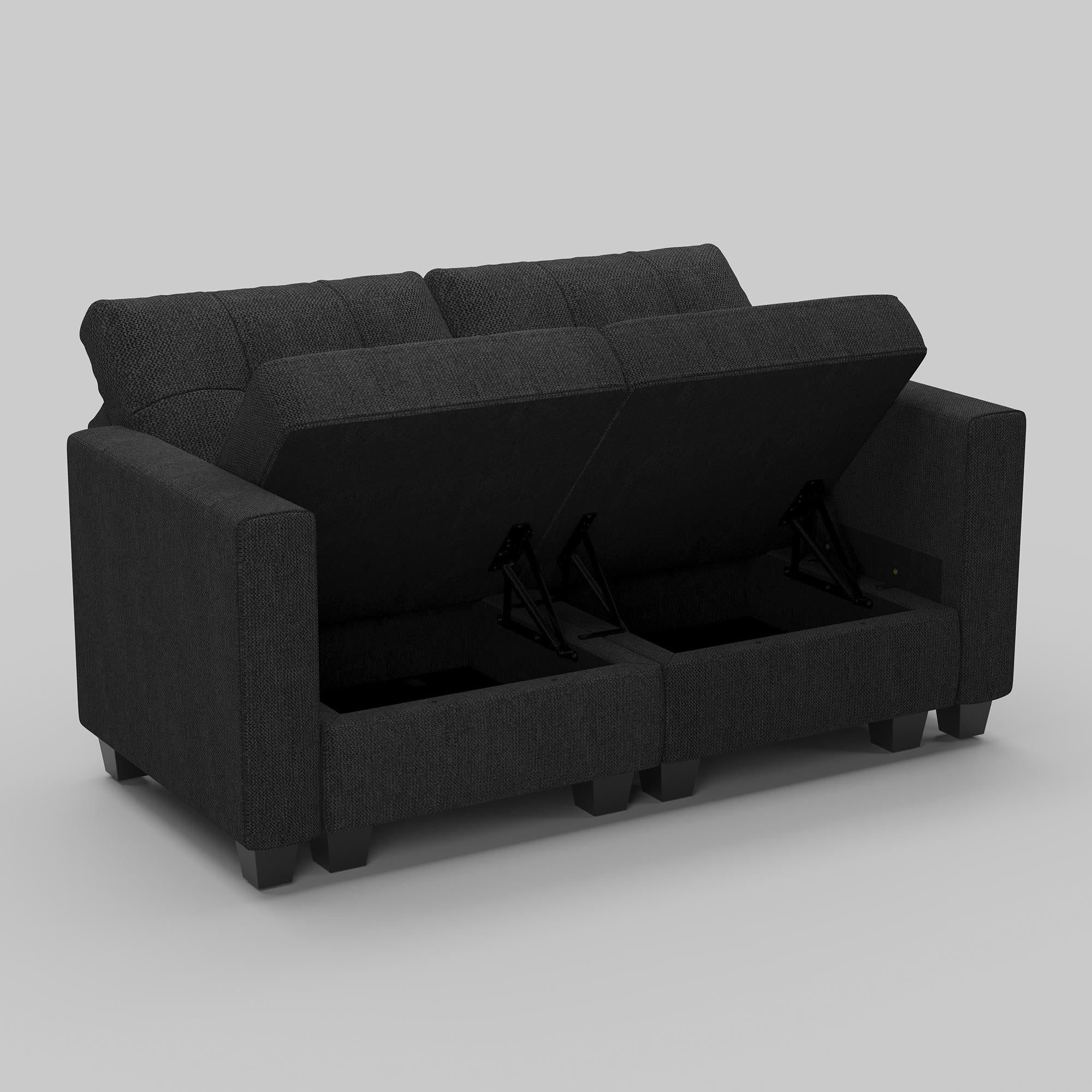 64" Dark Gray And Black Linen Blend Modular Loveseat With Storage