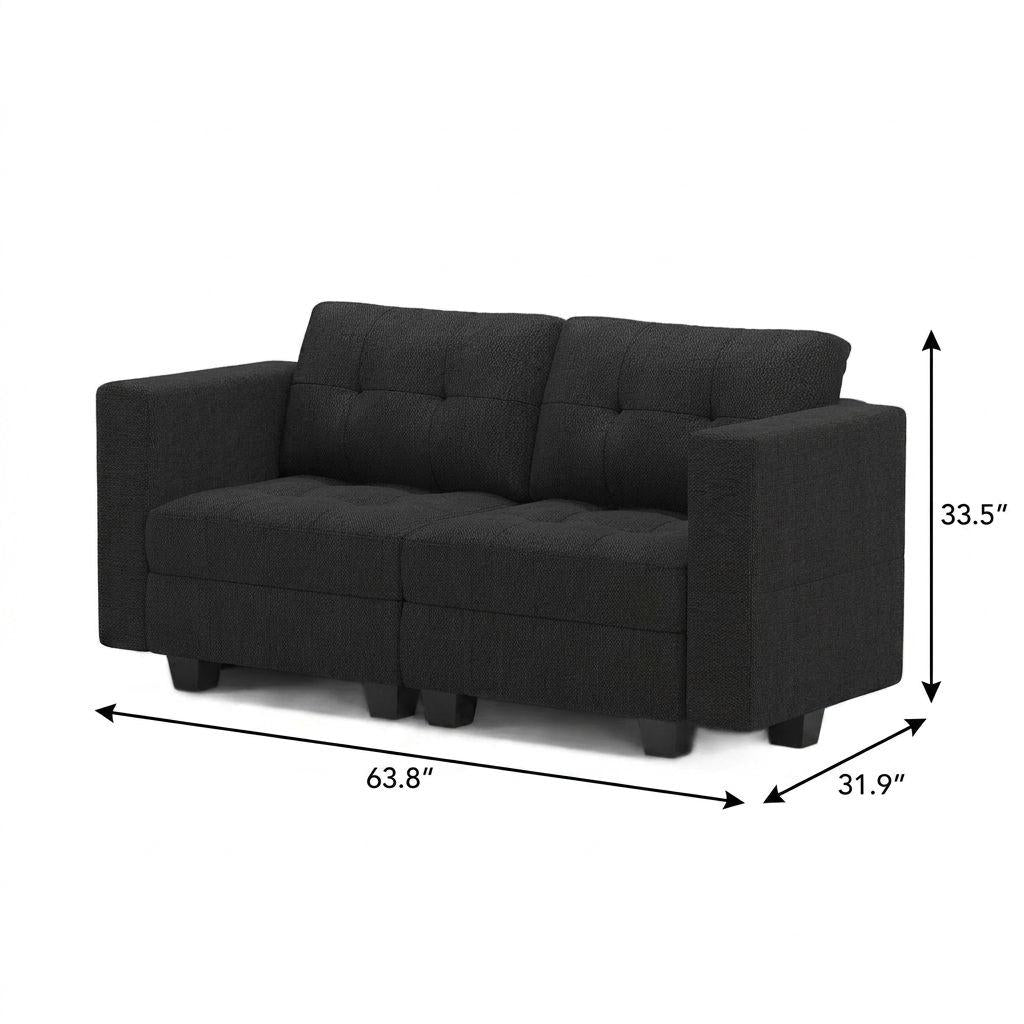 64" Dark Gray And Black Linen Blend Modular Loveseat With Storage