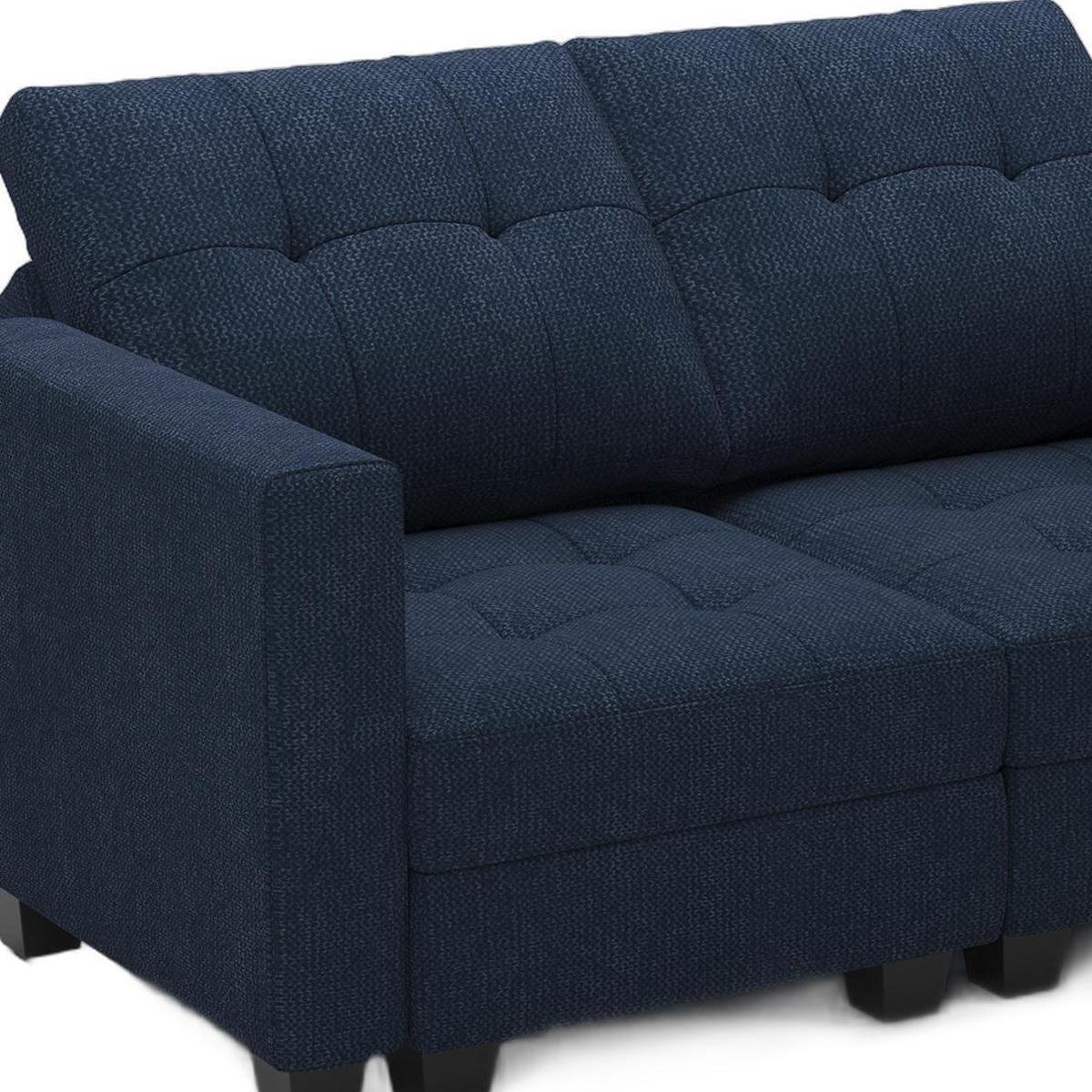 64" Blue And Black Linen Blend Modular Loveseat With Storage and Toss Pillows