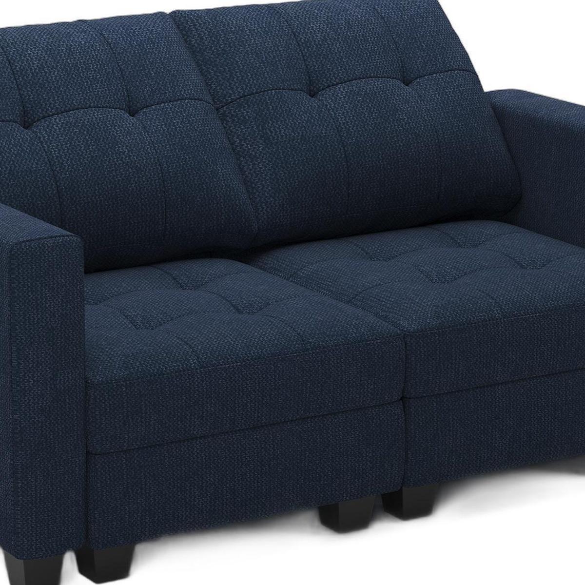 64" Blue And Black Linen Blend Modular Loveseat With Storage and Toss Pillows