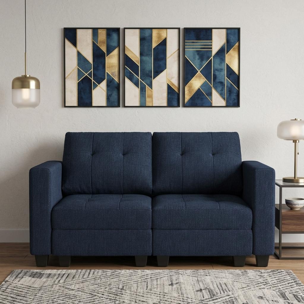 64" Blue And Black Linen Blend Modular Loveseat With Storage and Toss Pillows