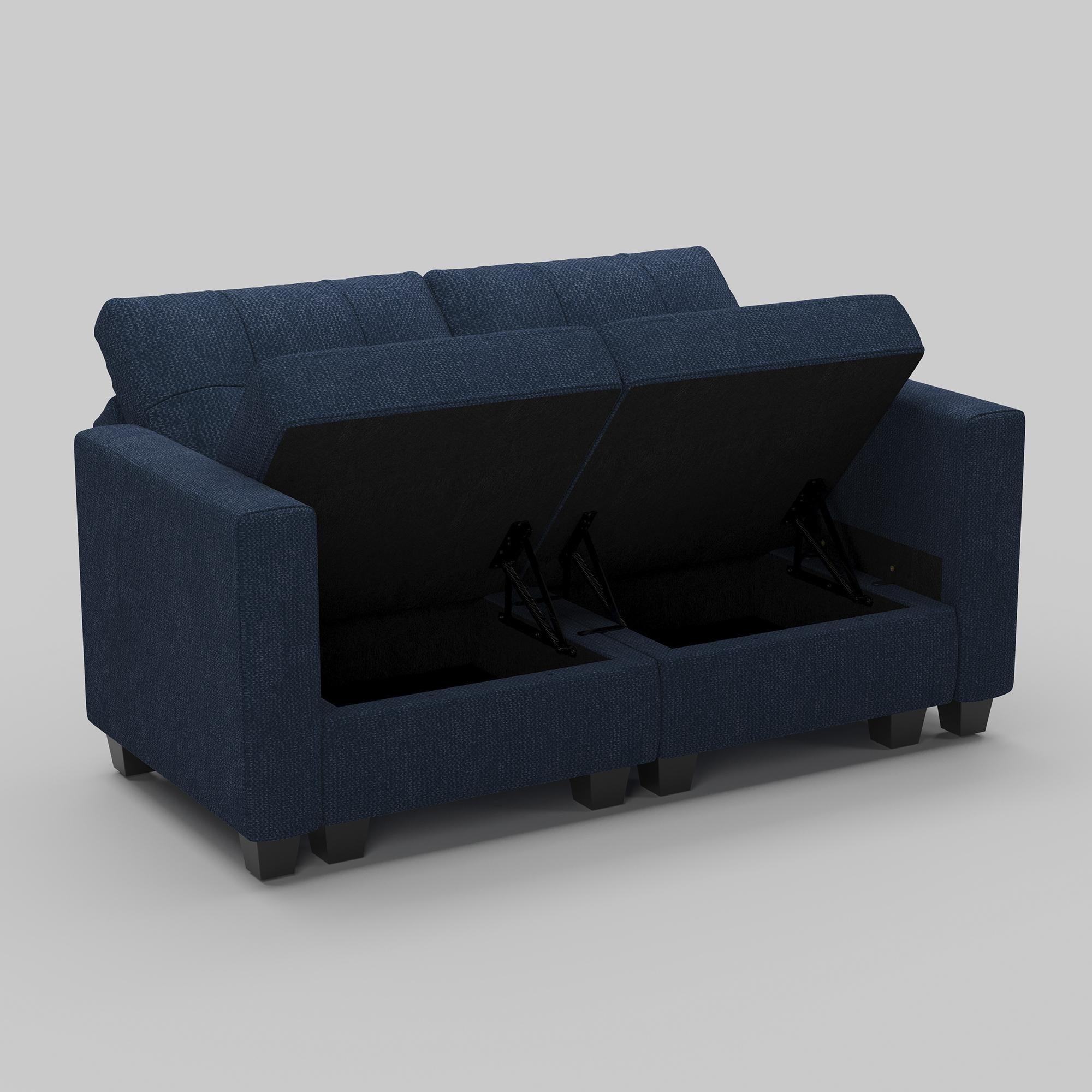 64" Blue And Black Linen Blend Modular Loveseat With Storage and Toss Pillows