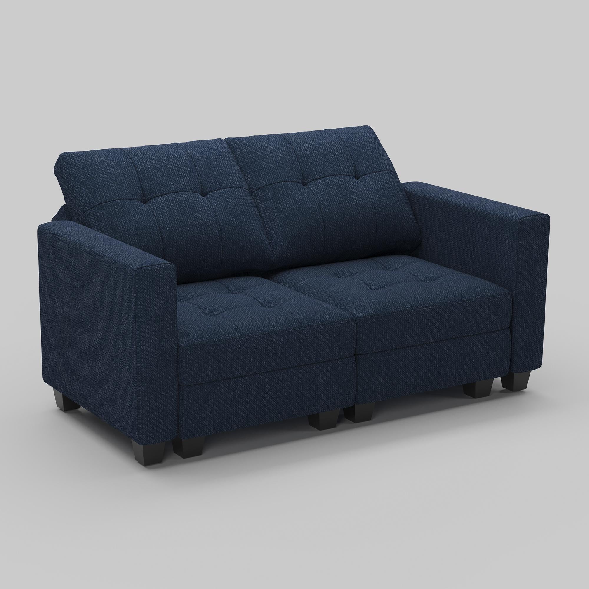 64" Blue And Black Linen Blend Modular Loveseat With Storage and Toss Pillows