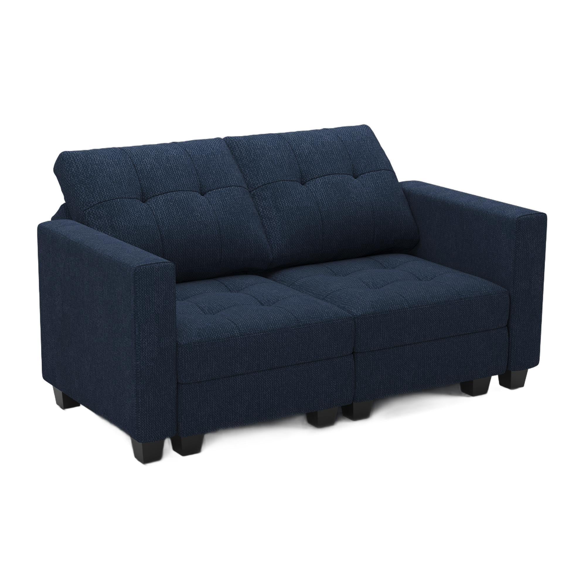 64" Blue And Black Linen Blend Modular Loveseat With Storage and Toss Pillows