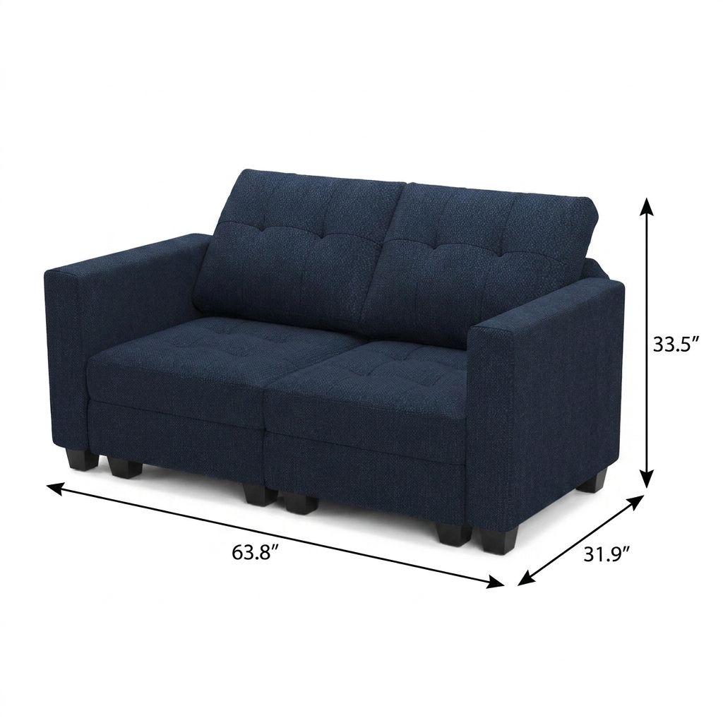 64" Blue And Black Linen Blend Modular Loveseat With Storage and Toss Pillows