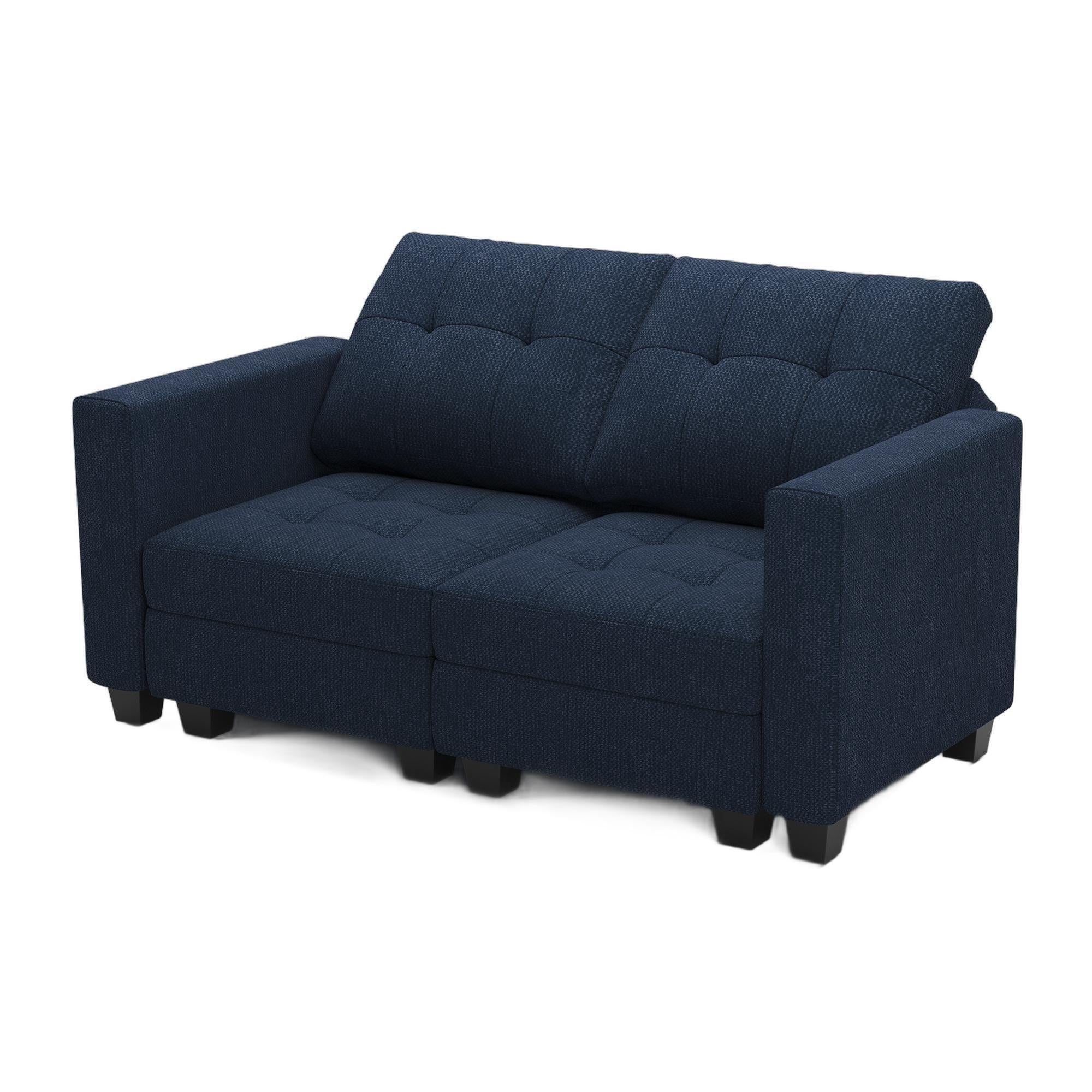 64" Blue And Black Linen Blend Modular Loveseat With Storage and Toss Pillows