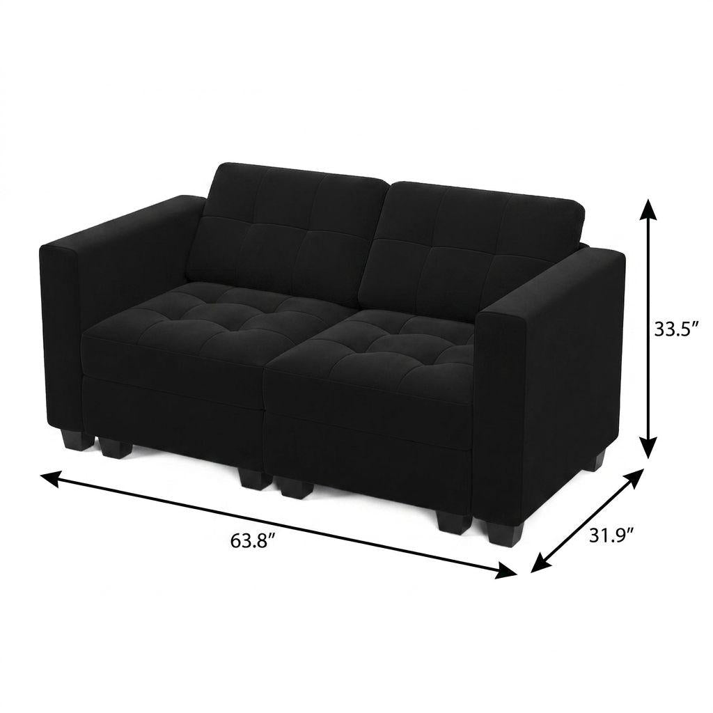64" Black Velvet Modular Loveseat With Storage