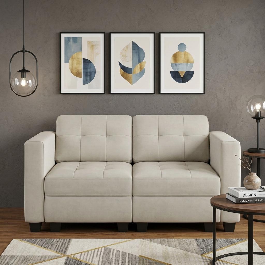 64" Beige And Black Velvet Modular Loveseat With Storage