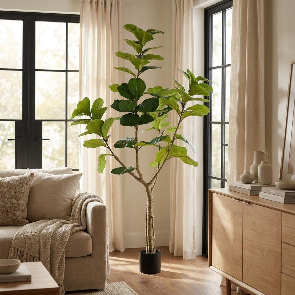 72" Green Artificial Fiddle Leaf Tree In Round Black Pot