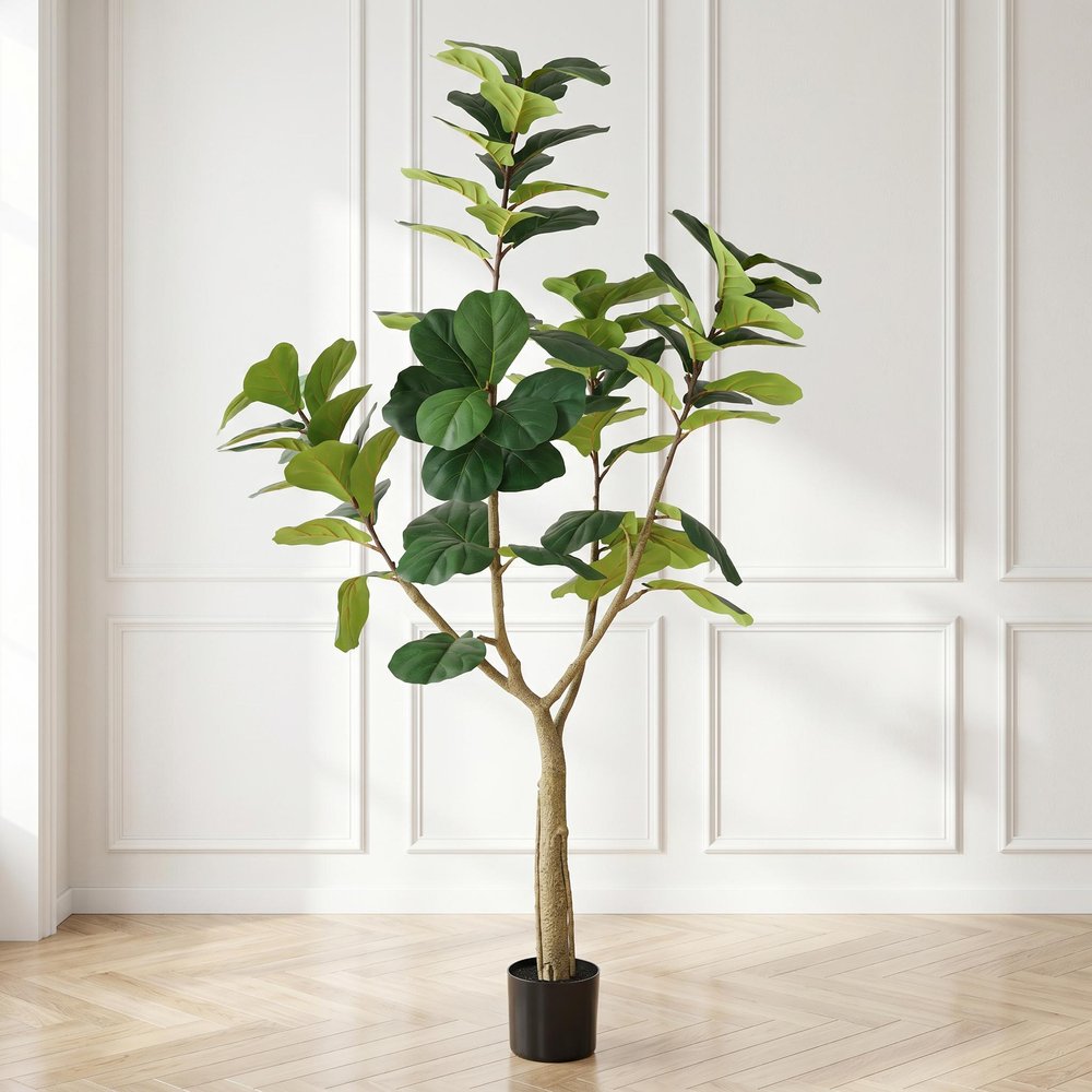 72" Green Artificial Fiddle Leaf Tree In Round Black Pot