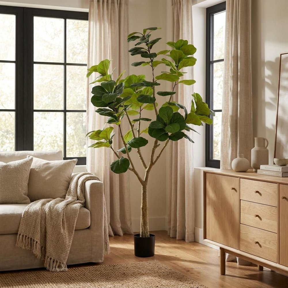 84" Green Artificial Fiddle Leaf Tree In Round Black Pot