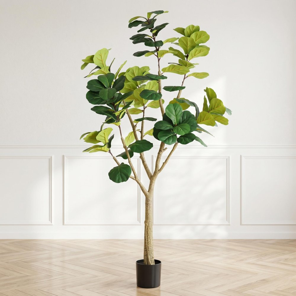 84" Green Artificial Fiddle Leaf Tree In Round Black Pot