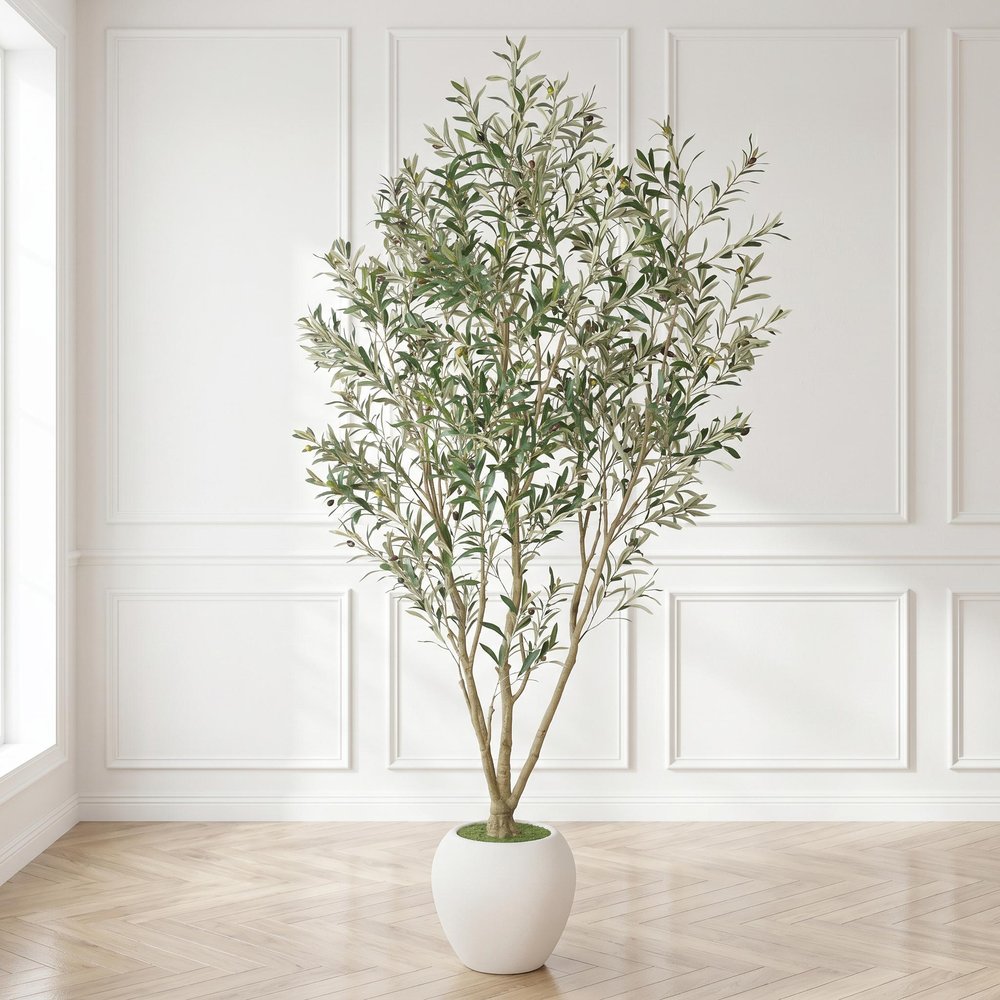 96" Green Artificial Olive Tree In Round White Planter
