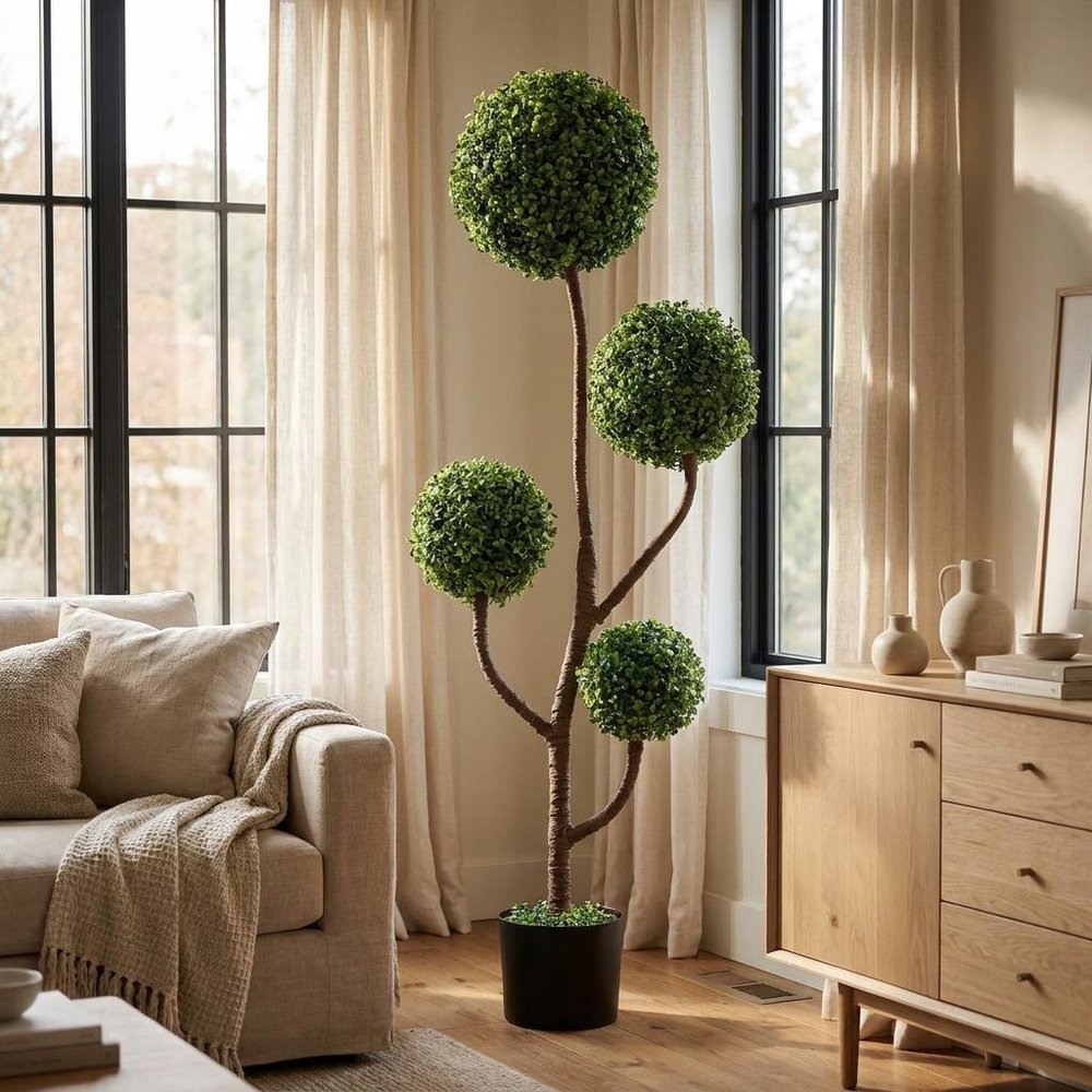 48" Green Artificial Boxwood Tree In Round Black Pot
