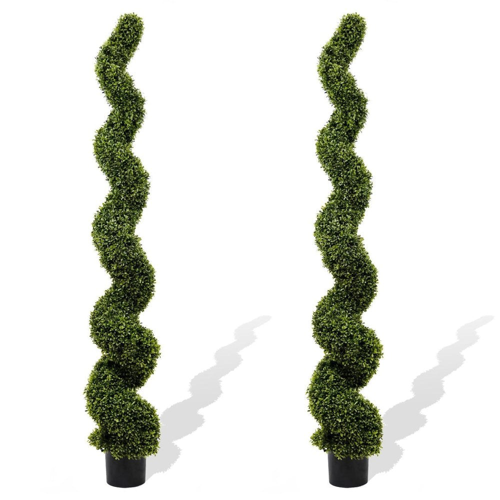 Set of Two 72" Green Artificial Boxwood Tree In Round Black Planter