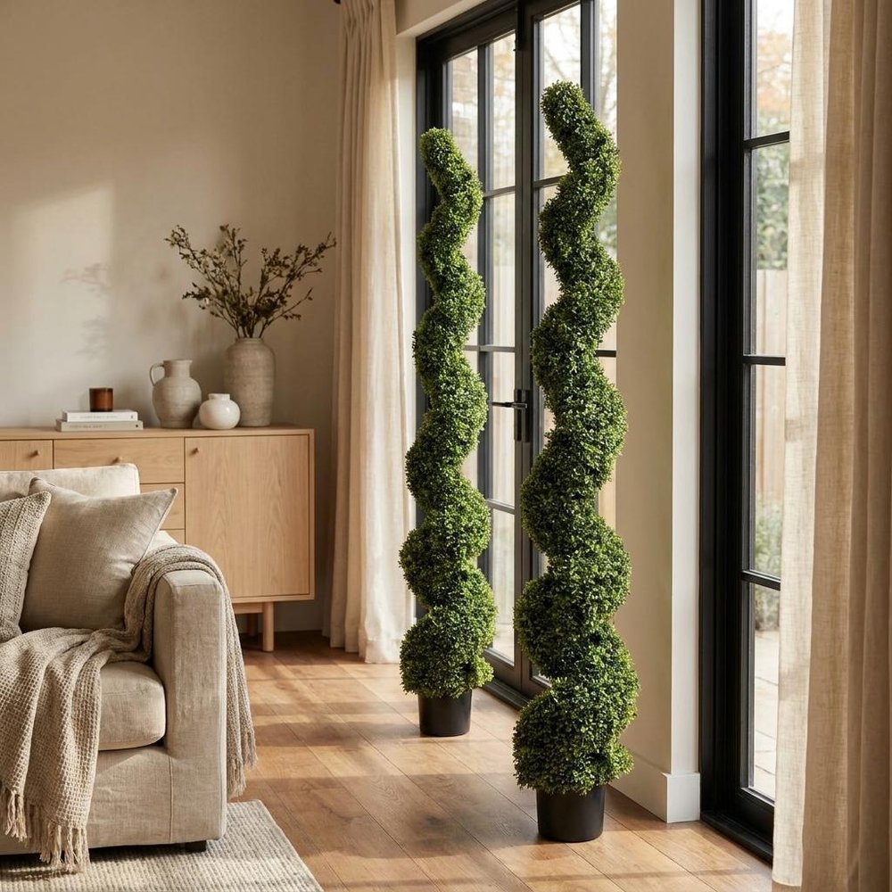 Set of Two 72" Green Artificial Boxwood Tree In Round Black Planter