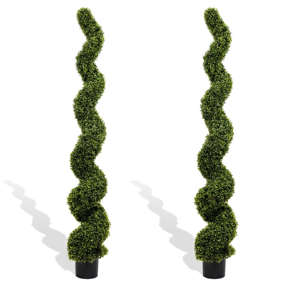 Set of Two 72" Green Artificial Boxwood Tree In Round Black Planter