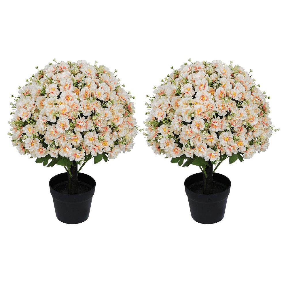 Set of Two 24" Peach And Pink Artificial Flowering Tree In Round Black Pot