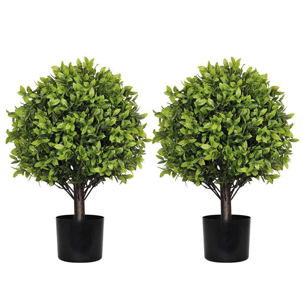 Set of Two 22" Green Artificial Boxwood Tree In Round Black Pot