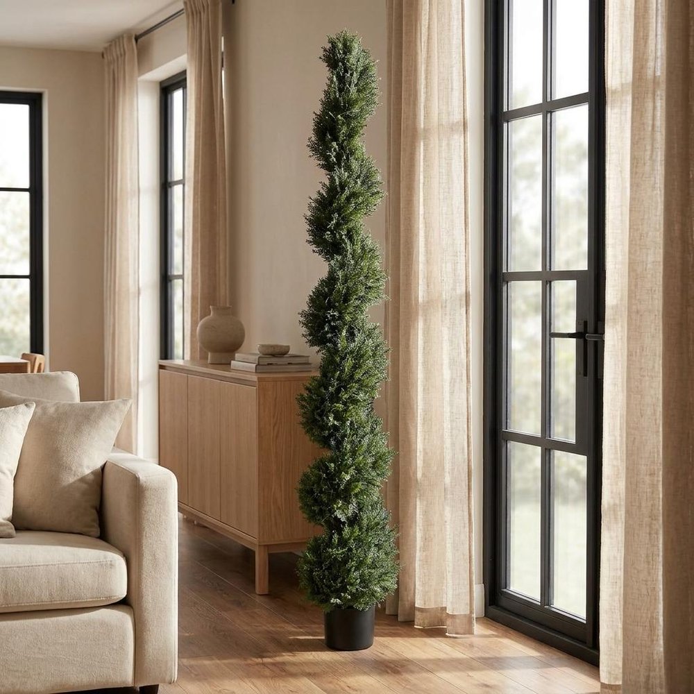 Set of Two 72" Green Artificial Cedar Tree In Round Black Pot