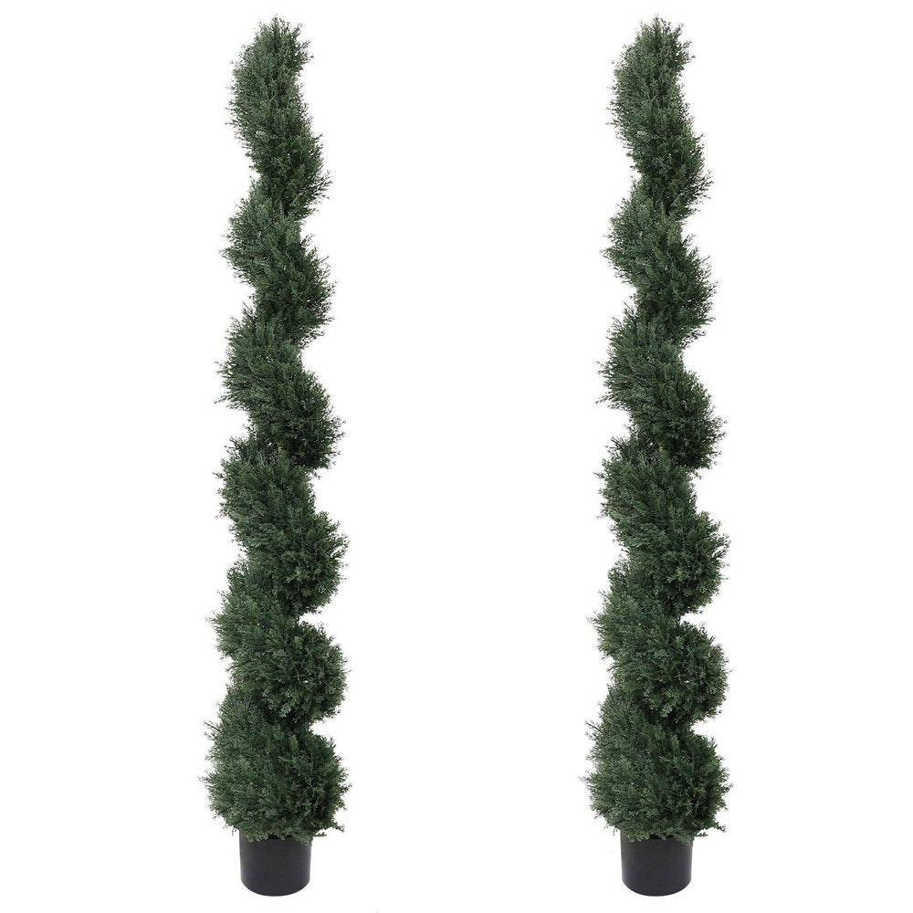 Set of Two 72" Green Artificial Cedar Tree In Round Black Pot
