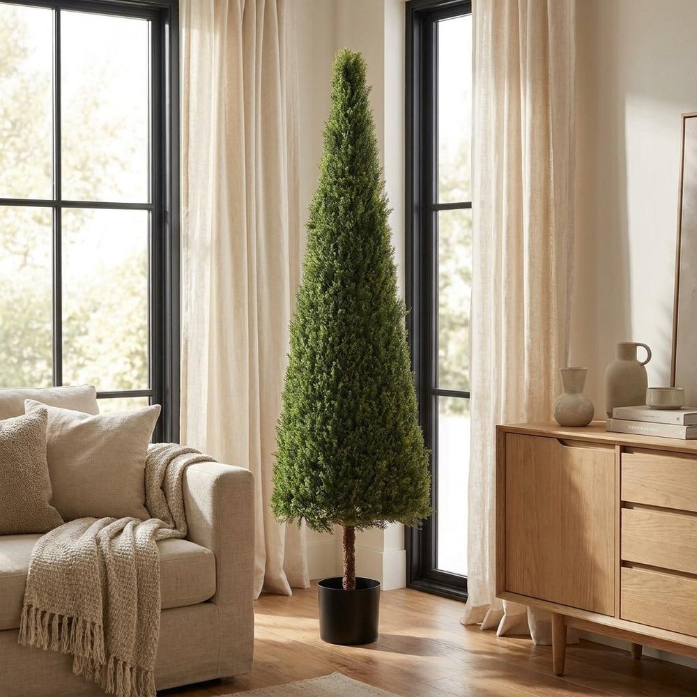 72" Green Artificial Cedar Tree In Round Black Planter