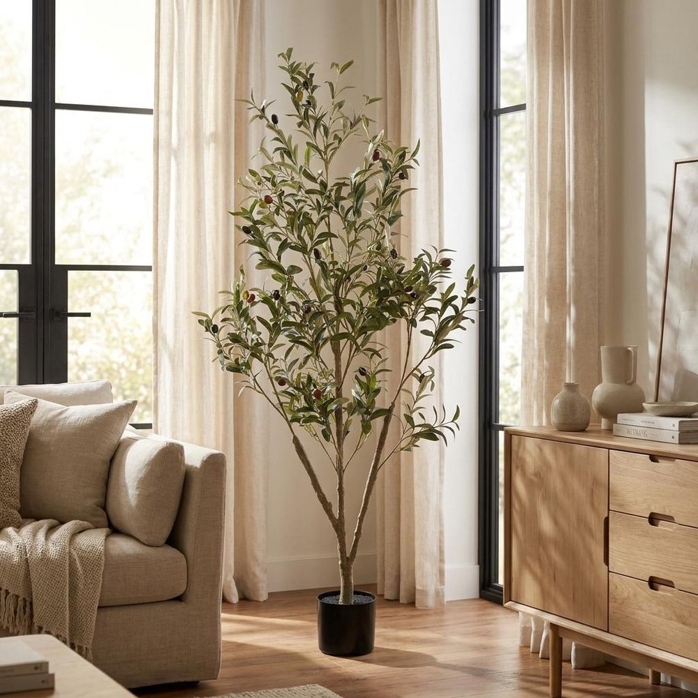 60" Green Artificial Olive Tree In Round Black Pot