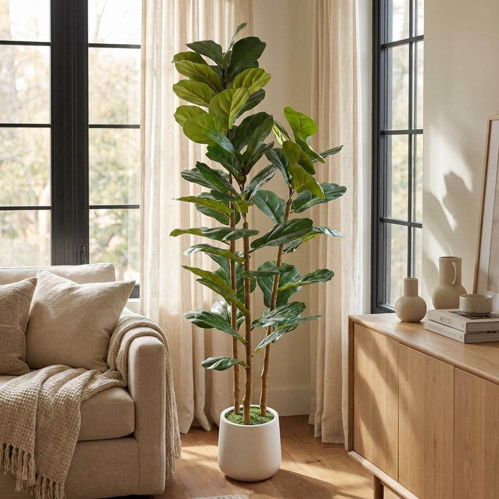 62" Green Artificial Fiddle Leaf Tree In Round White Pot