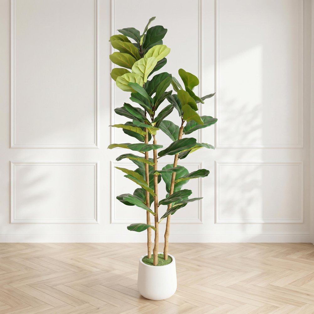 62" Green Artificial Fiddle Leaf Tree In Round White Pot