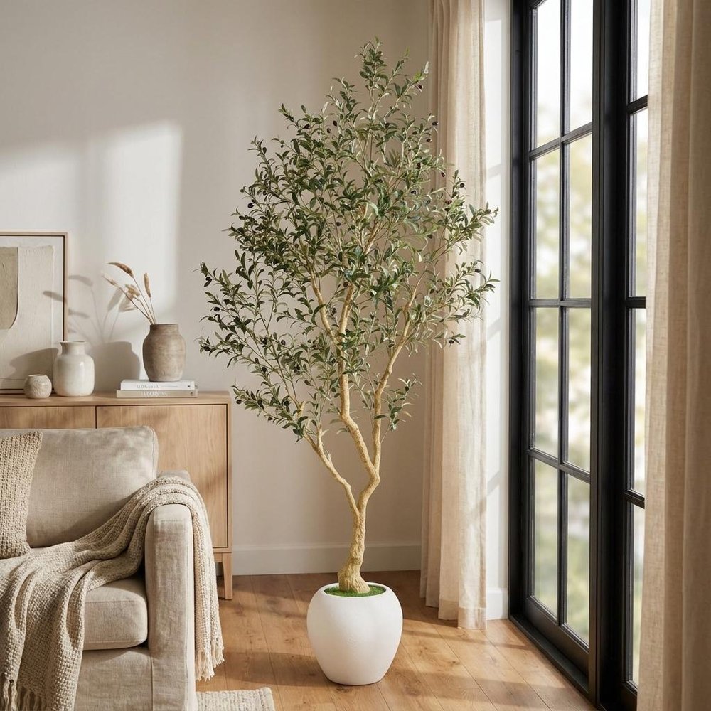 98" Green Artificial Olive Tree In Round White Pot