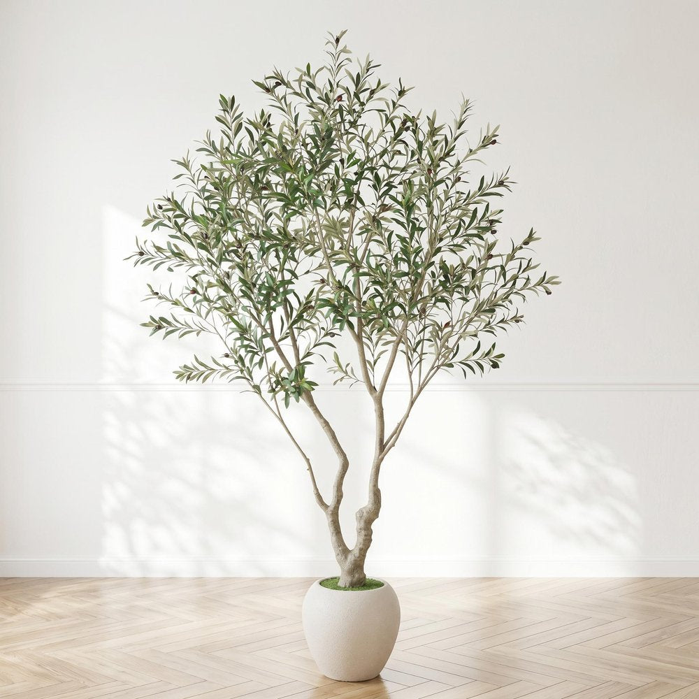 96" Green Artificial Olive Tree In Round White Pot
