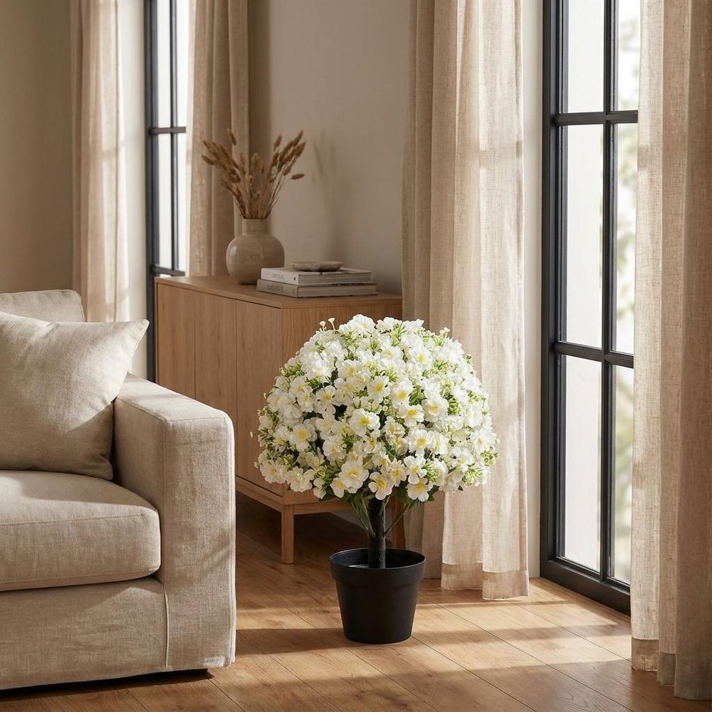 Set of Two 24" White Artificial Flowering Tree In Round Black Pot