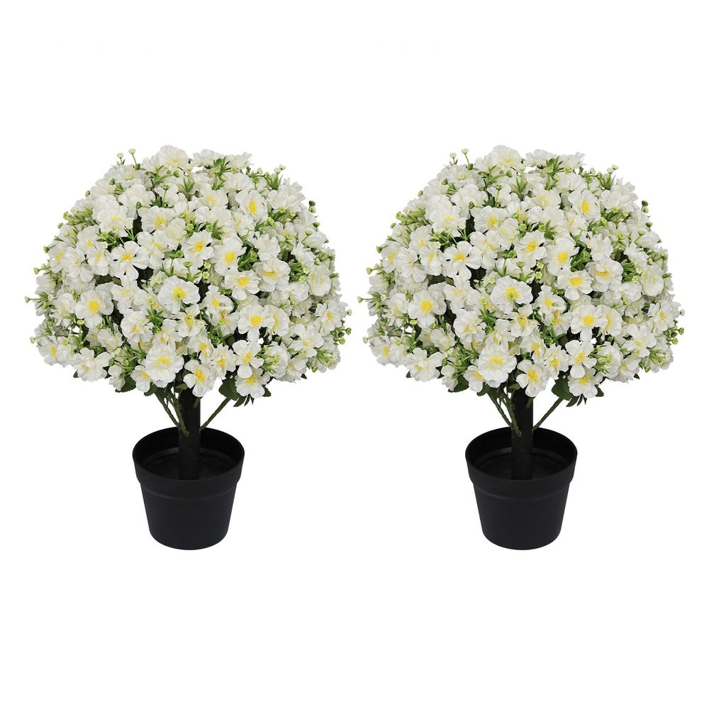 Set of Two 24" White Artificial Flowering Tree In Round Black Pot