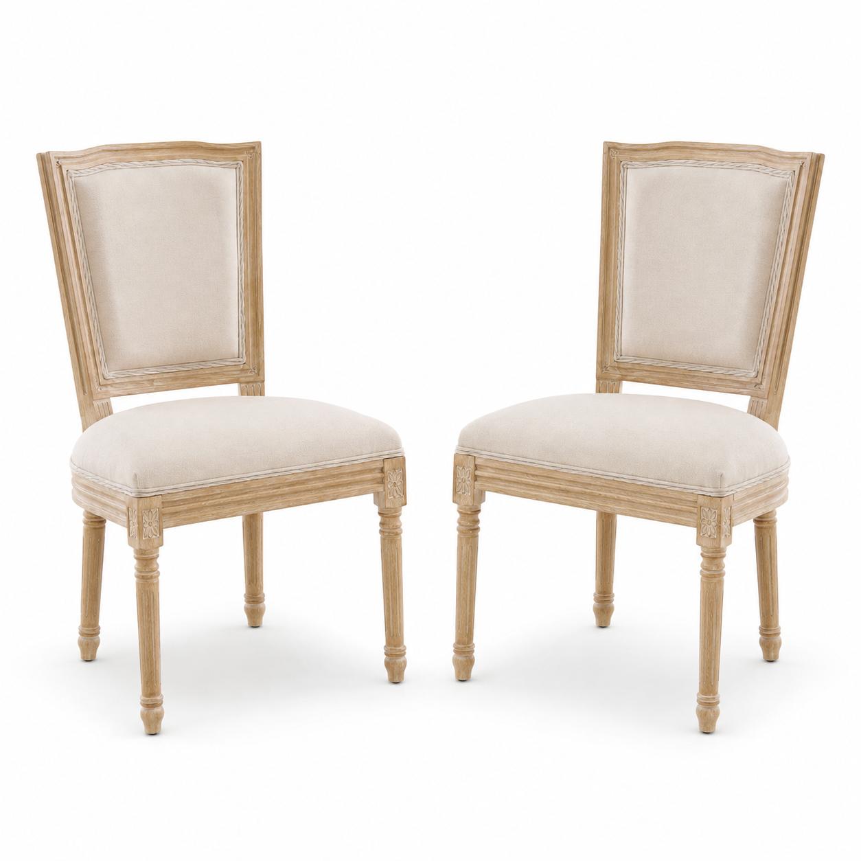 Set of Two Beige And Natural Linen And Solid Wood Dining Side Chairs