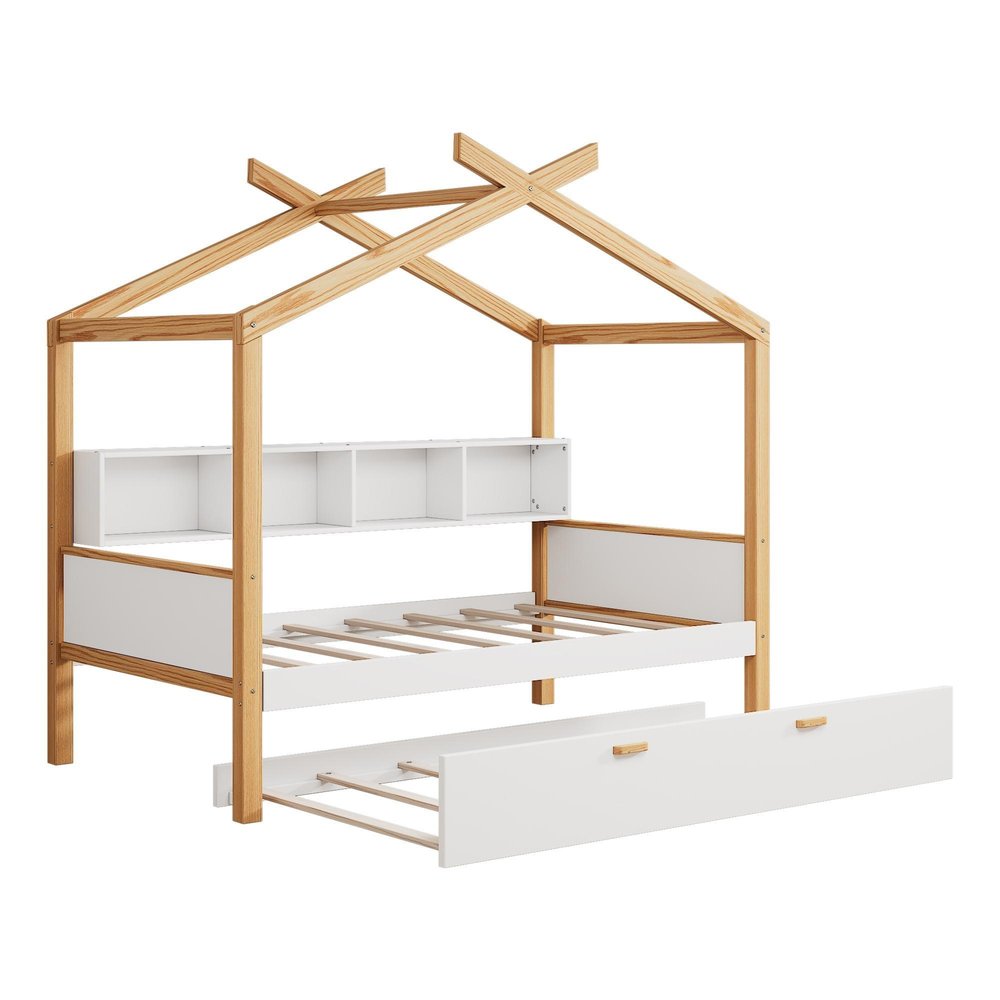White And Natural Solid Wood Twin House Bed