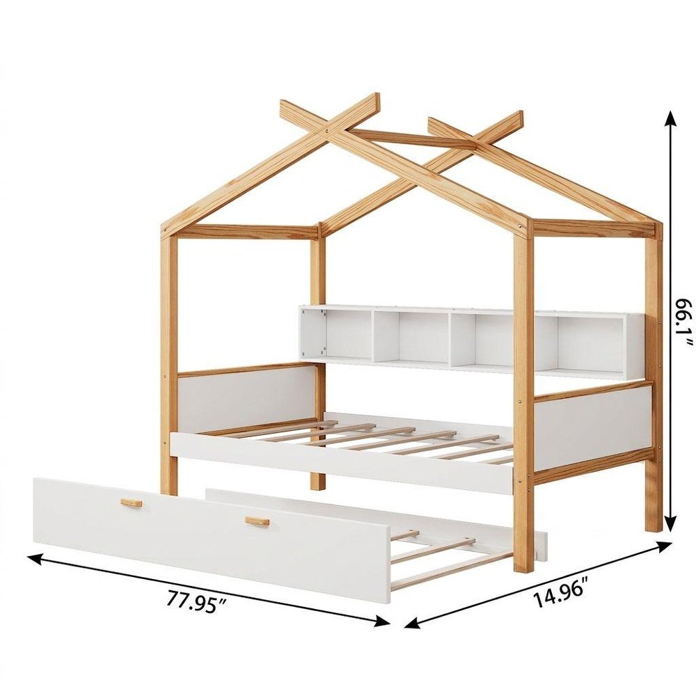 White And Natural Solid Wood Twin House Bed