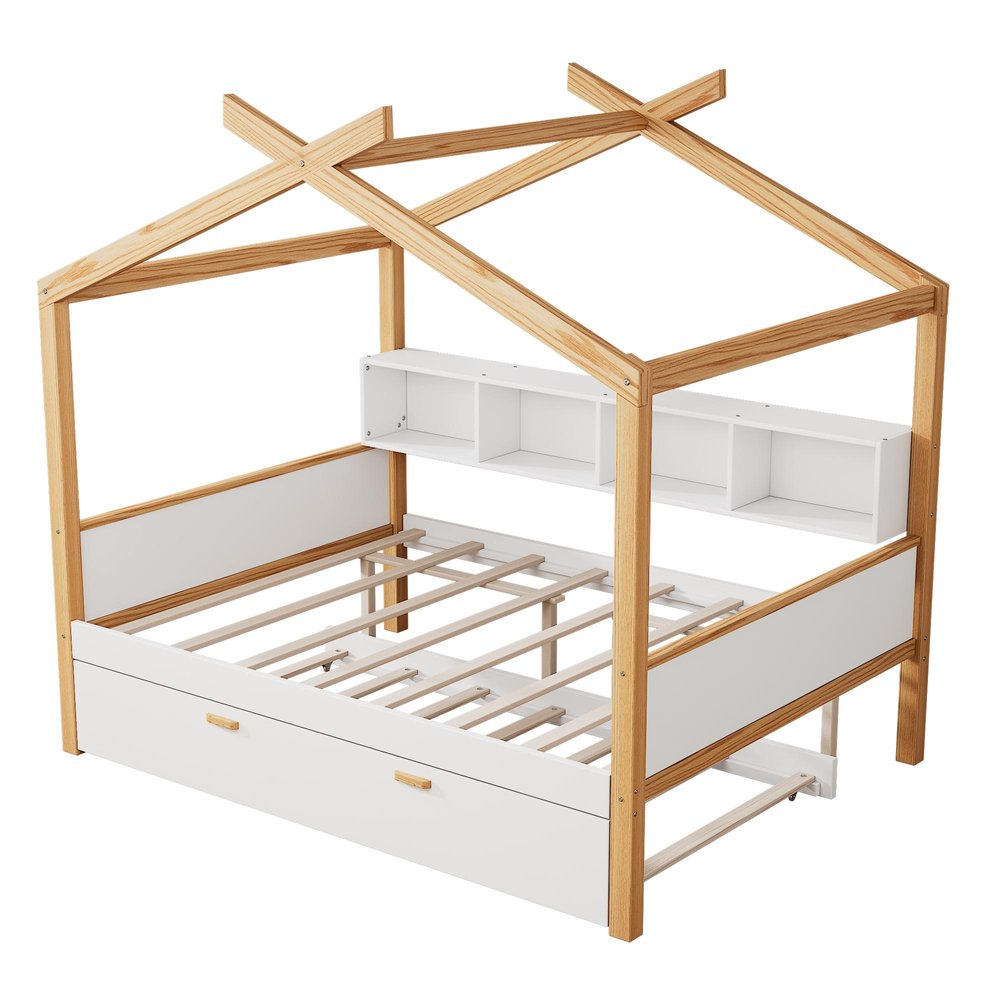 Natural And White Solid Wood Full House Bed