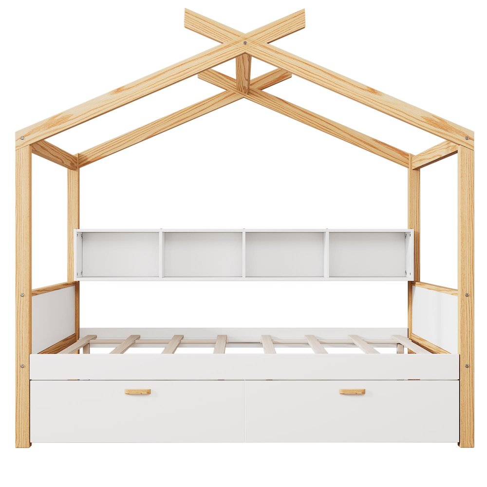 Natural And White Solid Wood Full House Bed