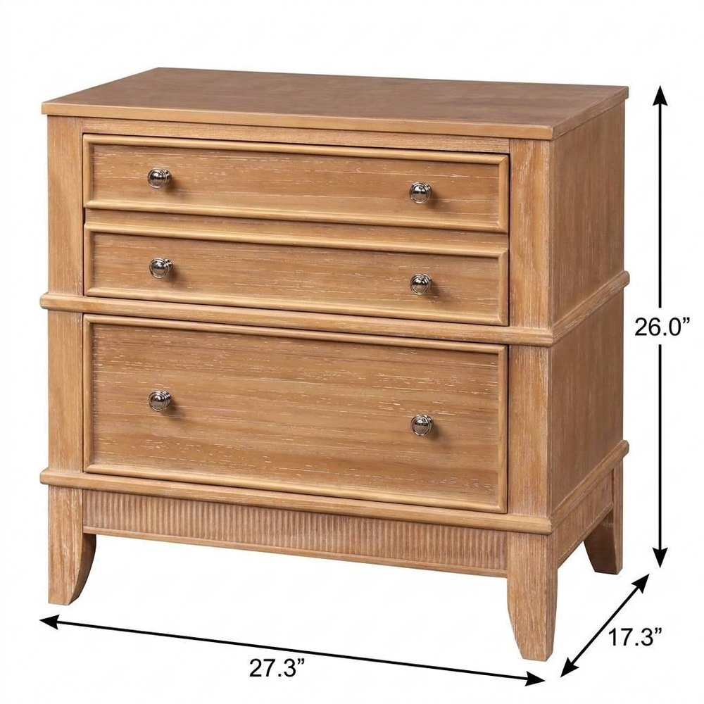 Set of Two 26" Natural Solid Wood Ribbed Texture Three Drawer Nightstand