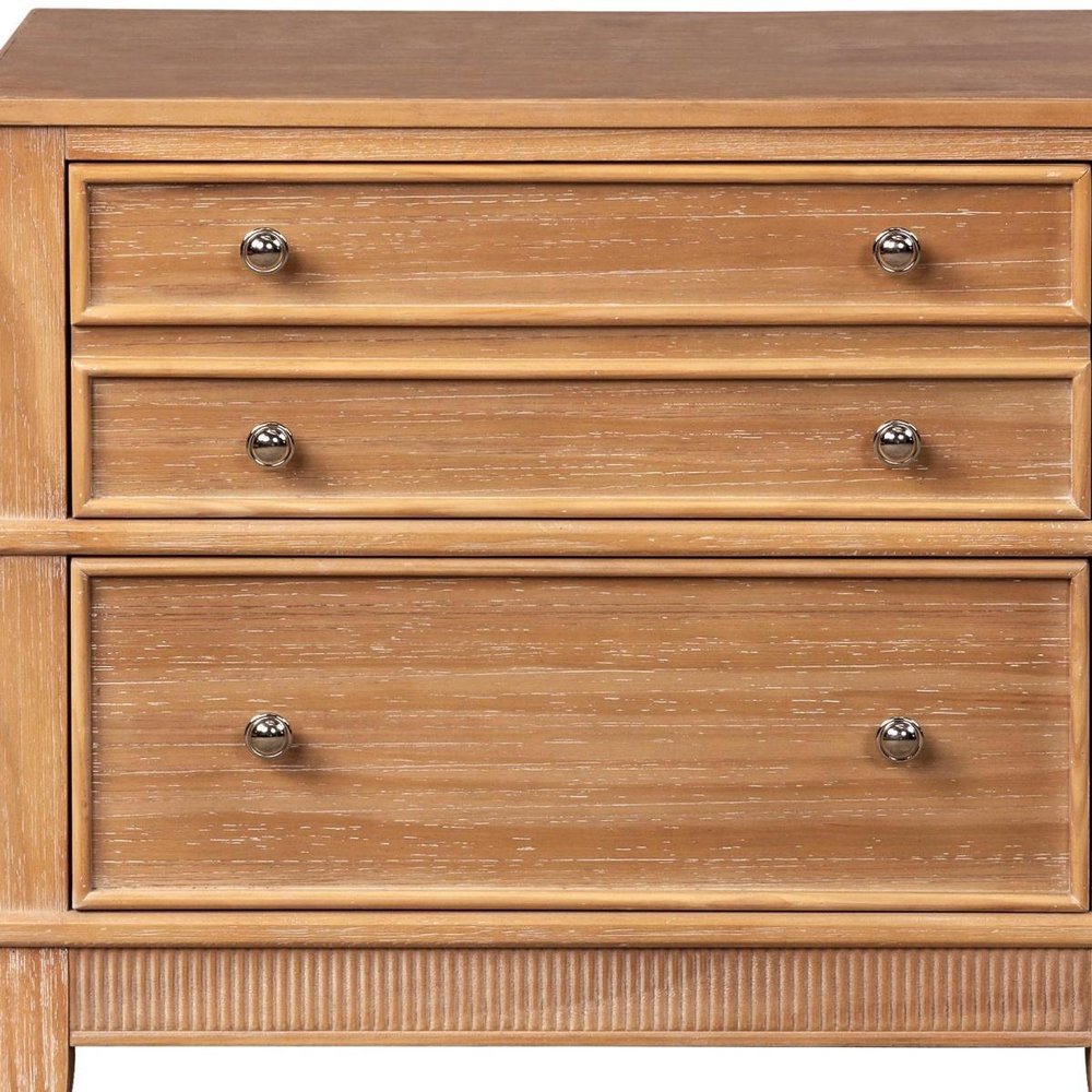 Set of Two 26" Natural Solid Wood Ribbed Texture Three Drawer Nightstand