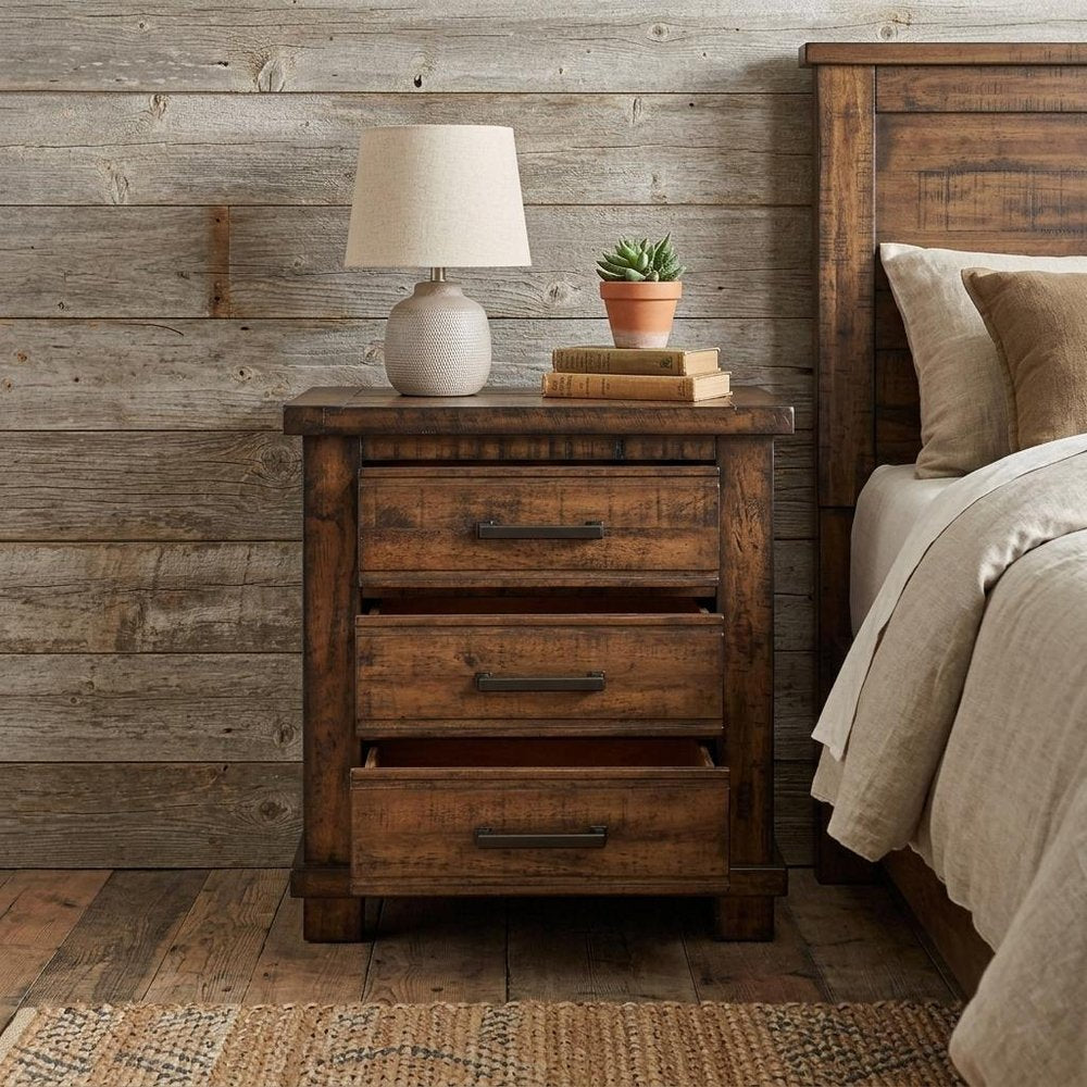 25" Natural Solid Wood Three Drawer Nightstand