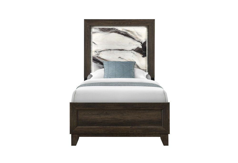 Brown Wood And Upholstery Lighted Upholstered Twin Bed Frame