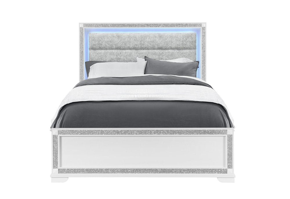 White Faux Crystal Bling Wood Lighted Queen Bed Frame